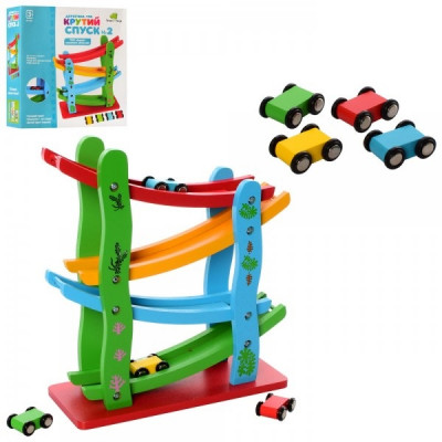 Деревянная игрушка "Трек" MD 2688 (30шт) в 28см, машинка 4см, 4шт
