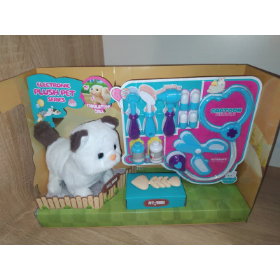 Интерактивная Мягкая игрушка Котик мяукает и виляет хвостом с набором ветеринара.