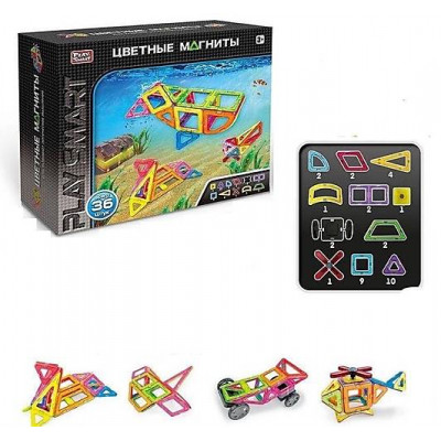 Конструктор магнитный 2466, цветные магниты, 36 деталей, Play Smart
