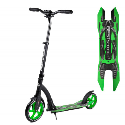 Самокат двухколесный "Best Scooter" 52266, зеленый, колеса PU - переднее 23 см, заднее - 20 см, 1 амортизатор, широкий руль, зажим руля